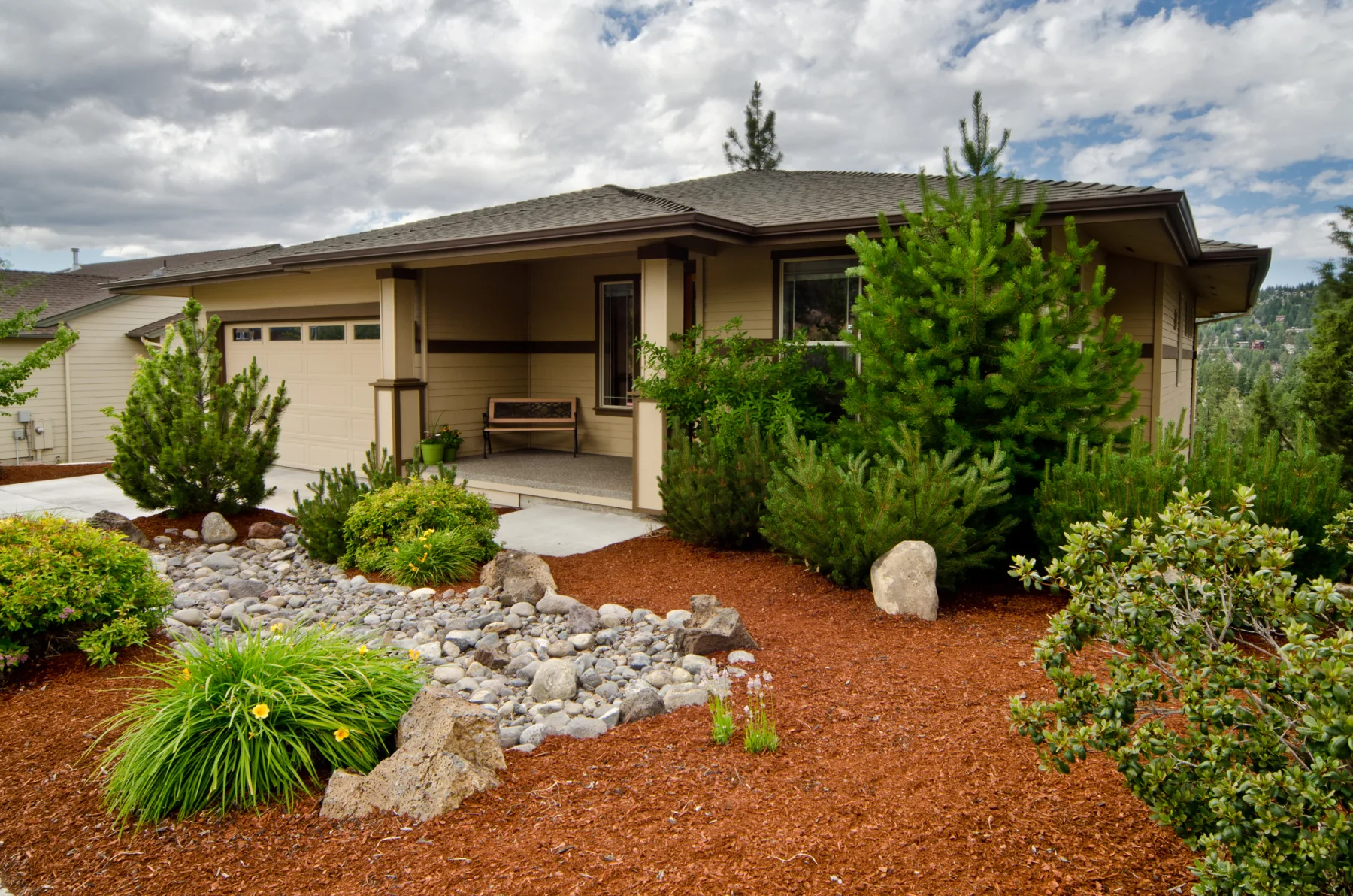 Two-story home with professional landscaping